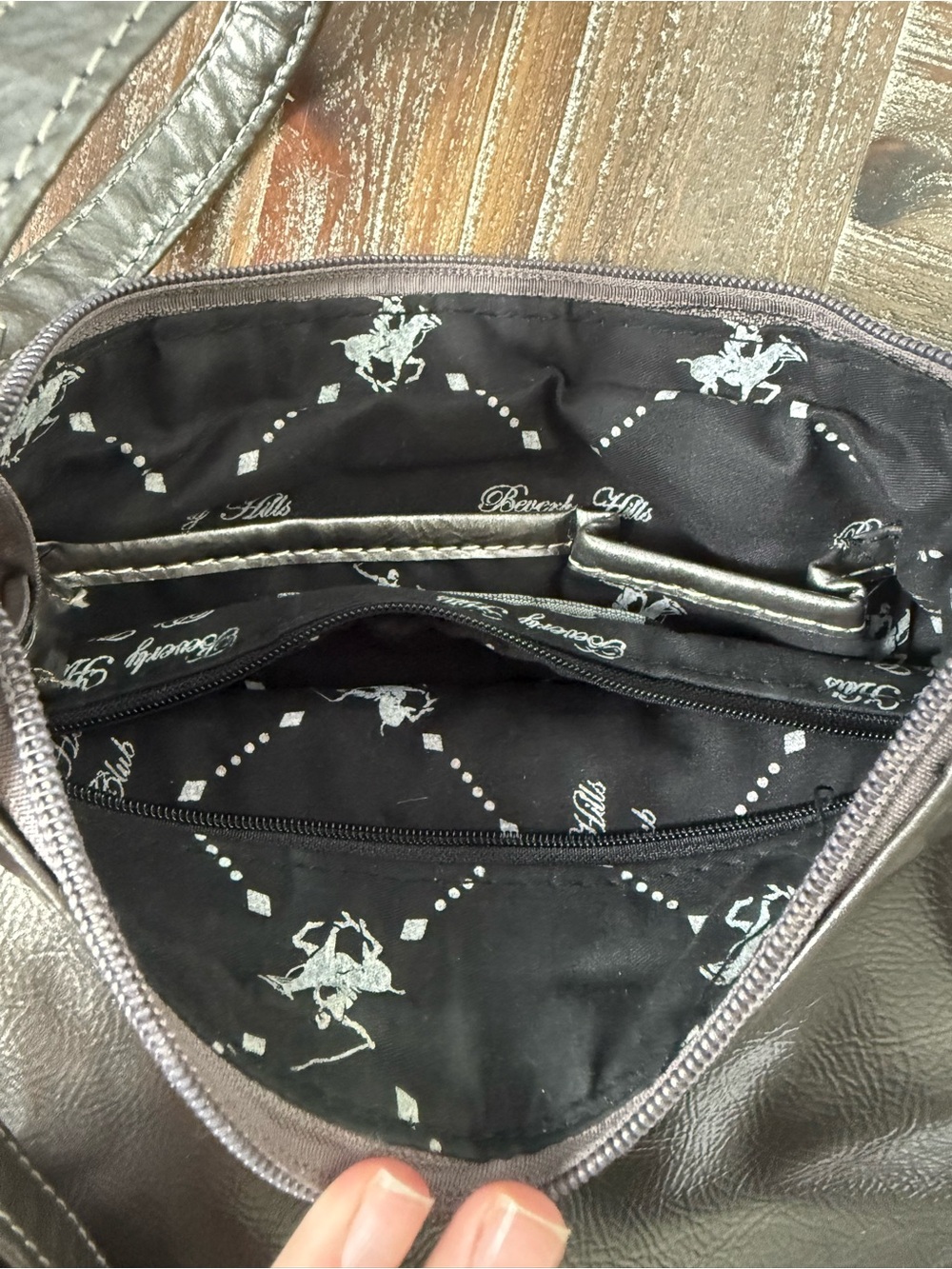 Beverly Hills Polo Club Metallic Gunmetal Crossbody Bag with print/ logo/ used - Picture 6 of 8